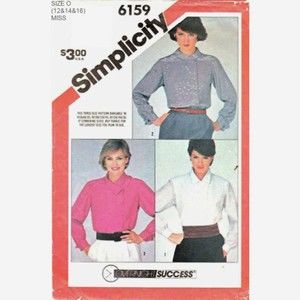 Vintage ©1983 Simplicity 6159 Pattern - Long Sleeve Buttoned Cuff Blouse Shirt